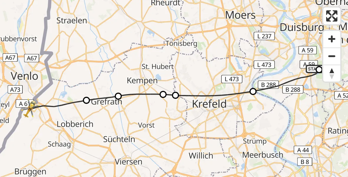 Flugroute Rettungshubschrauber Duisburg Air Rescue Hubschrauberlandeplatz (Christoph 9) - Nettetal, 22 Juni 2026, 05:29