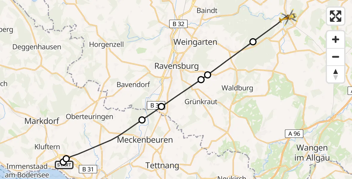 Flugroute Rettungshubschrauber Friedrichshafen Hospital - Wolfegg, 22 Juni 2026, 05:46