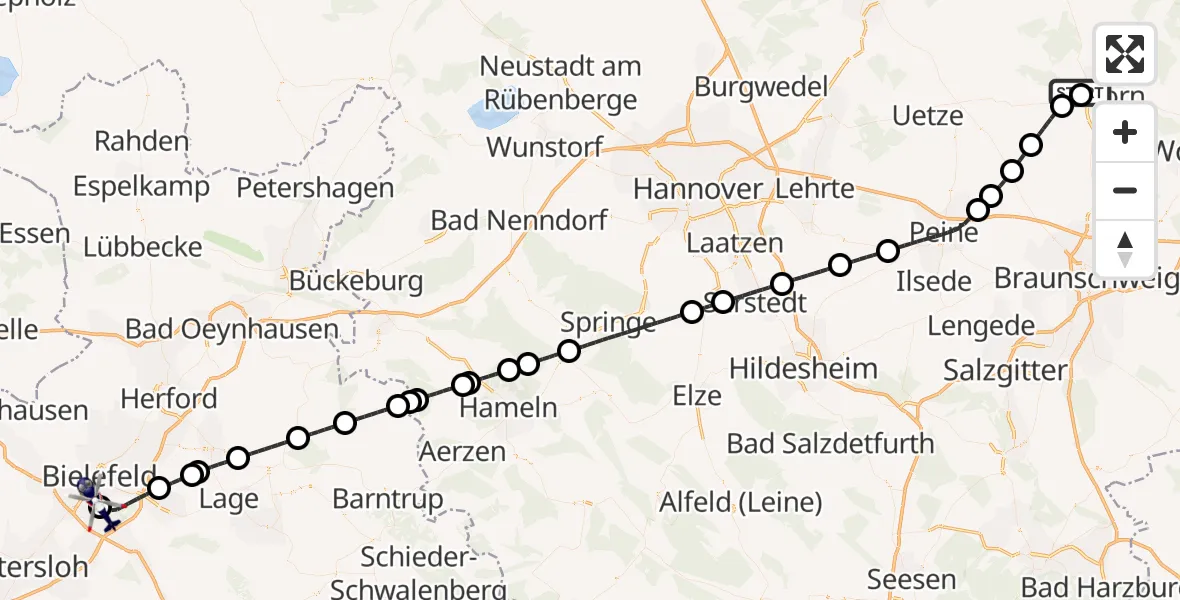 Flugroute Polizeihubschrauber Gifhorn Bundespolizei Hubschrauberlandeplatz - Luftrettungszentrum Bielefeld, 22 Juni 2026, 05:47