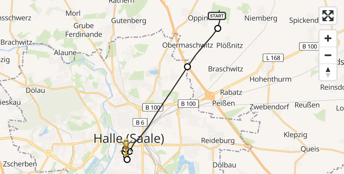 Flugroute Rettungshubschrauber Halle-Oppin Flugplatz - Sankt Elisabeth and Sankt Barbara Hospital Halle (Saale), 22 Juni 2026, 05:53