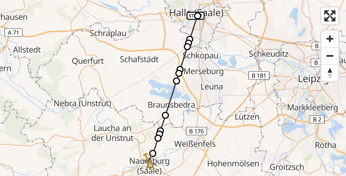 Flugroute Rettungshubschrauber Sankt Elisabeth and Sankt Barbara Hospital Halle (Saale) - Naumburg (Saale), 22 Juni 2026, 06:18