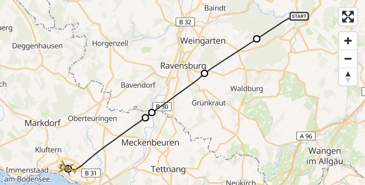 Flugroute Rettungshubschrauber Wolfegg - Friedrichshafen Hospital, 22 Juni 2026, 06:23