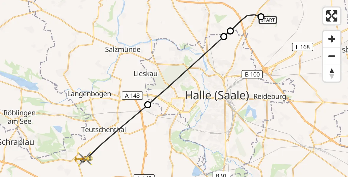 Flugroute Rettungshubschrauber Halle-Oppin Flugplatz - Teutschenthal, 22 Juni 2026, 06:25