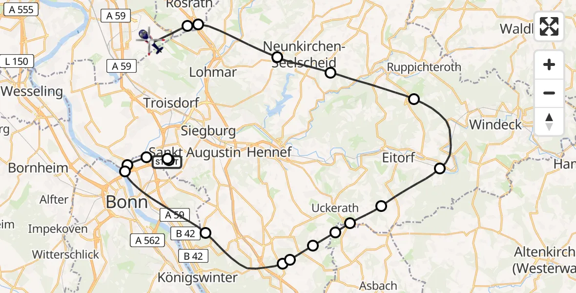 Flugroute Polizeihubschrauber Sankt Augustin - Köln Bonn Flughafen, 22 Juni 2026, 06:29