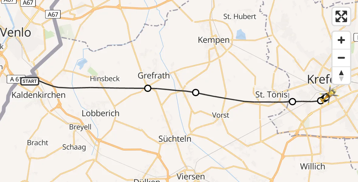 Flugroute Rettungshubschrauber Nettetal - Helios Clinic Krefeld, 22 Juni 2026, 06:34