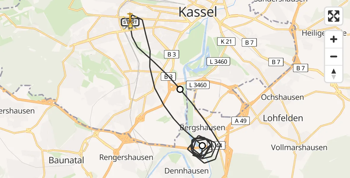 Flugroute Rettungshubschrauber Kassel - Kassel, 22 Juni 2026, 06:36
