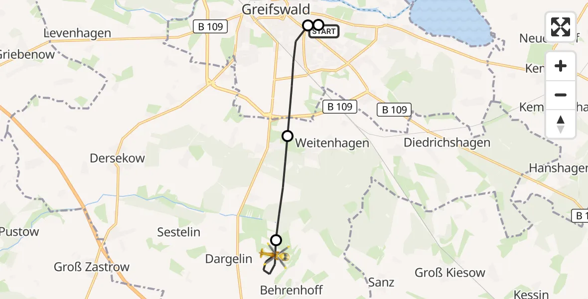 Flugroute Rettungshubschrauber Greifswald Hospital - Behrenhoff, 22 Juni 2026, 06:40