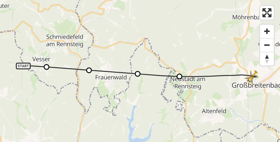 Flugroute Rettungshubschrauber Schleusingen - Großbreitenbach, 22 Juni 2026, 06:45