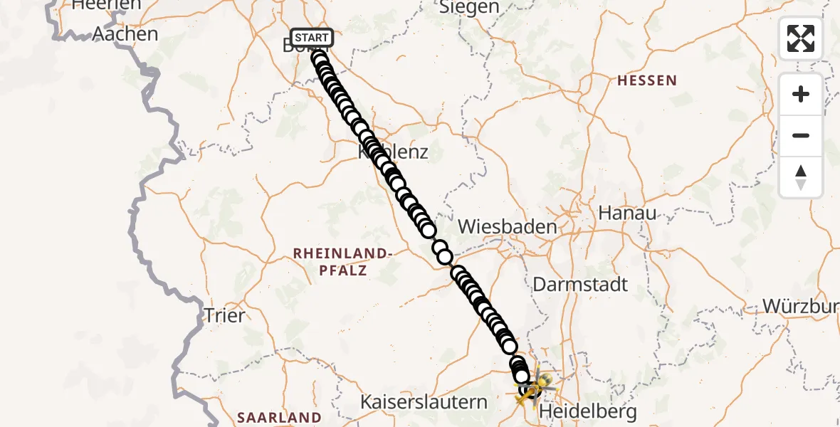 Flugroute Rettungshubschrauber Bonn - Ludwigshafen Accident Hospital, 22 Juni 2026, 06:46