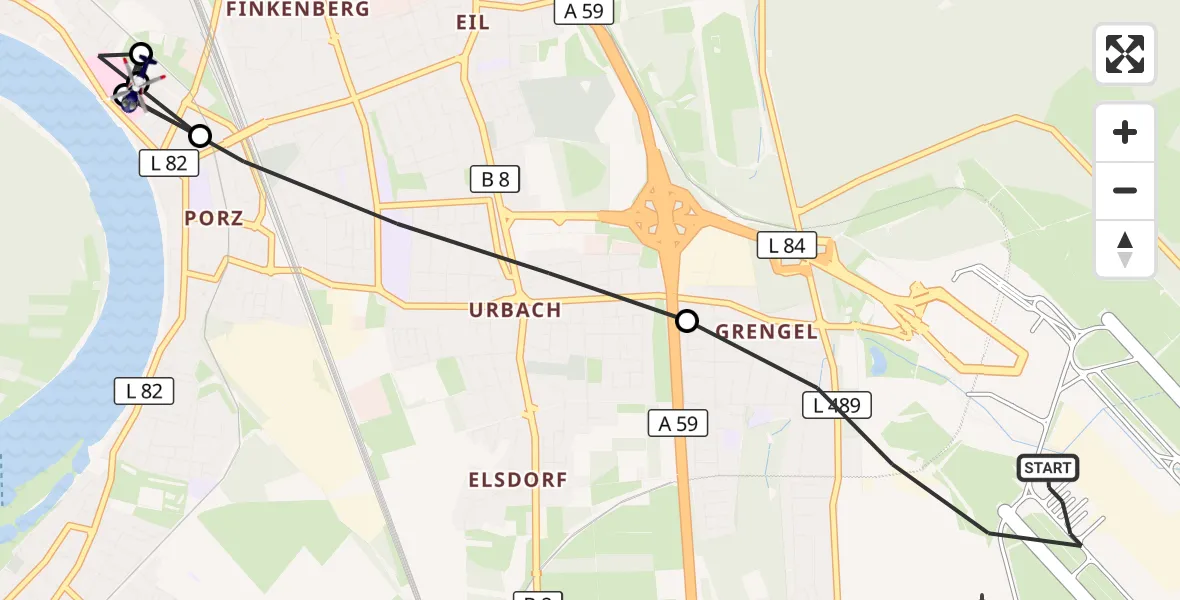 Flugroute Polizeihubschrauber Köln Bonn Flughafen - Porz am Rhein Hospital, 22 Juni 2026, 06:55