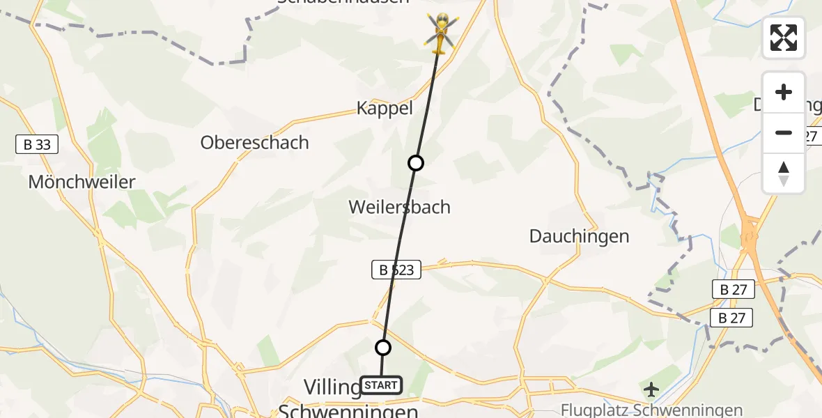 Flugroute Ambulanzhubschrauber DRF Air Rescue Station Villingen-Schwenningen Hubschrauberlandeplatz (Christoph 11) - Niedereschach, 22 Juni 2026, 06:56