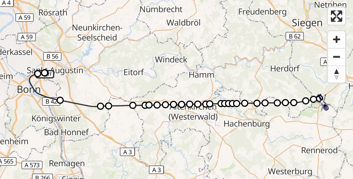 Flugroute Polizeihubschrauber Sankt Augustin - Siegerland Flughafen, 22 Juni 2026, 06:57