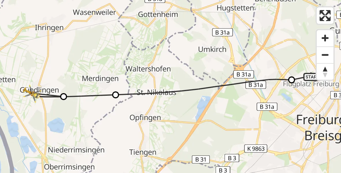 Flugroute Ambulanzhubschrauber Freiburg im Breisgau Flugplatz - Breisach am Rhein, 22 Juni 2026, 07:05