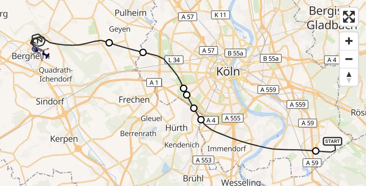 Flugroute Polizeihubschrauber Köln Bonn Flughafen - Bergheim, 22 Juni 2026, 07:07
