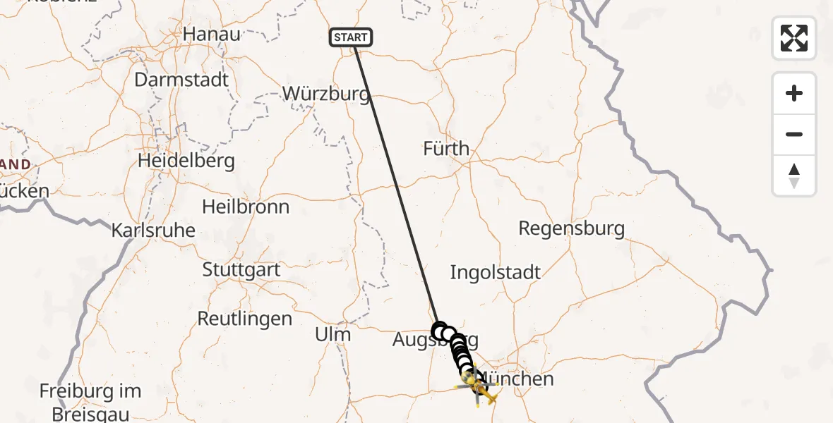 Flugroute Rettungshubschrauber Poppenhausen - Oberpfaffenhofen Flughafen, 22 Juni 2026, 07:09