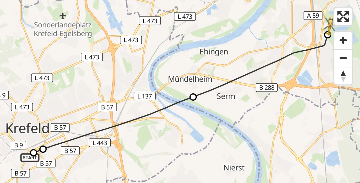 Flugroute Rettungshubschrauber Helios Clinic Krefeld - Duisburg Air Rescue Hubschrauberlandeplatz (Christoph 9), 22 Juni 2026, 07:13