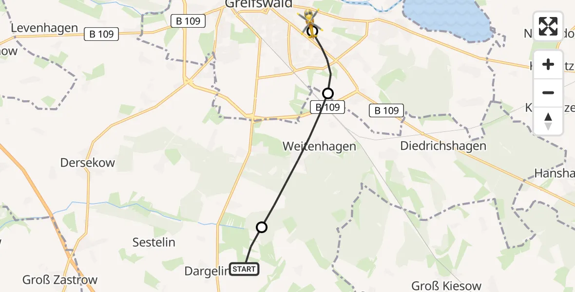 Flugroute Rettungshubschrauber Behrenhoff - Greifswald Hospital, 22 Juni 2026, 07:17