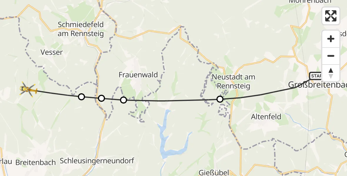 Flugroute Rettungshubschrauber Großbreitenbach - Schleusingen, 22 Juni 2026, 07:21