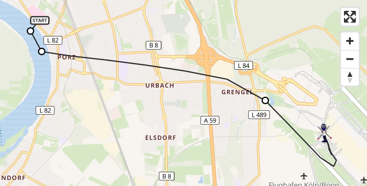 Flugroute Polizeihubschrauber Porz am Rhein Hospital - Köln Bonn Flughafen, 22 Juni 2026, 07:21