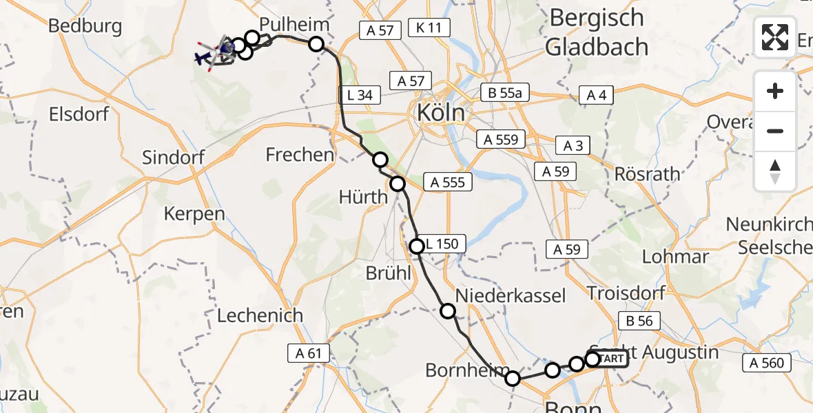 Flugroute Polizeihubschrauber Sankt Augustin - Bergheim, 22 Juni 2026, 07:32