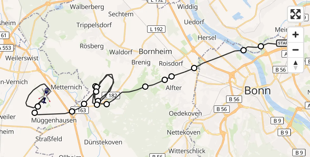 Flugroute Polizeihubschrauber Bonn - Weilerswist, 22 Juni 2026, 07:33