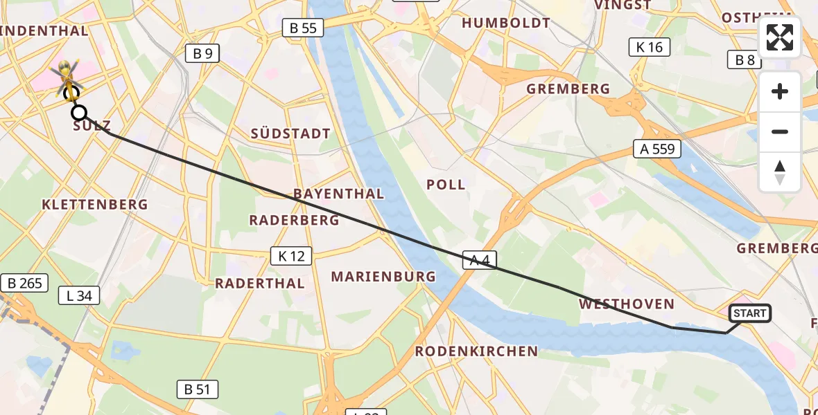 Flugroute Rettungshubschrauber Köln - Köln University Hospital, 22 Juni 2026, 07:33