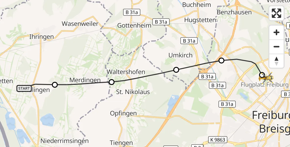 Flugroute Ambulanzhubschrauber Breisach am Rhein - Freiburg im Breisgau Flugplatz, 22 Juni 2026, 07:34