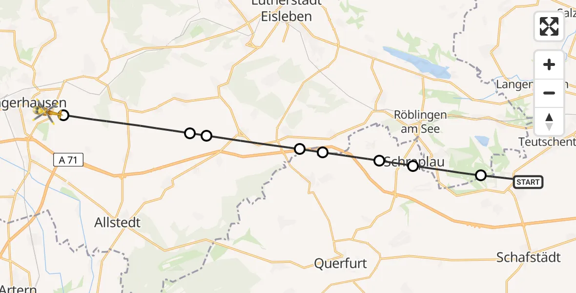 Flugroute Rettungshubschrauber Teutschenthal - Sangerhausen, 22 Juni 2026, 07:35