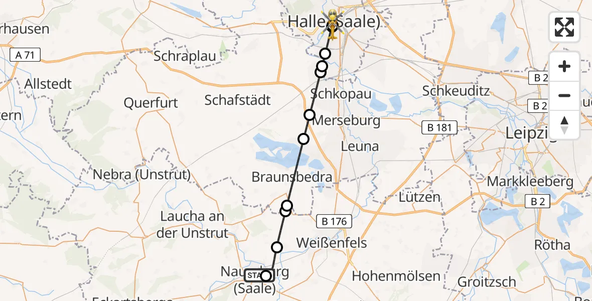 Flugroute Rettungshubschrauber Naumburg Hospital - Sankt Elisabeth and Sankt Barbara Hospital Halle (Saale), 22 Juni 2026, 07:36