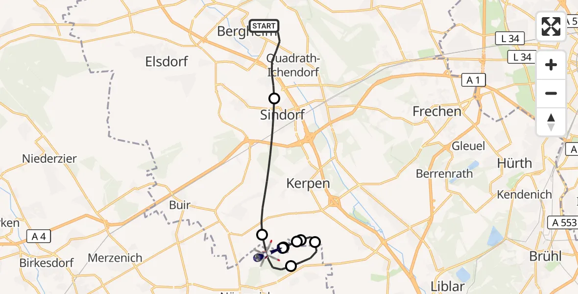 Flugroute Polizeihubschrauber Bergheim - Militärflugplatz Nörvenich, 22 Juni 2026, 07:40