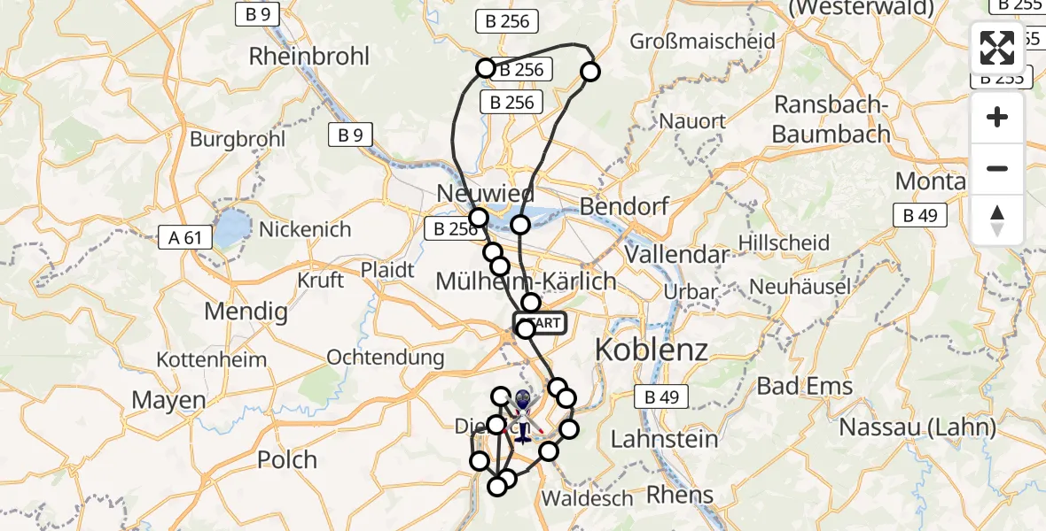 Flugroute Polizeihubschrauber Koblenz - Winningen, 22 Juni 2026, 07:44