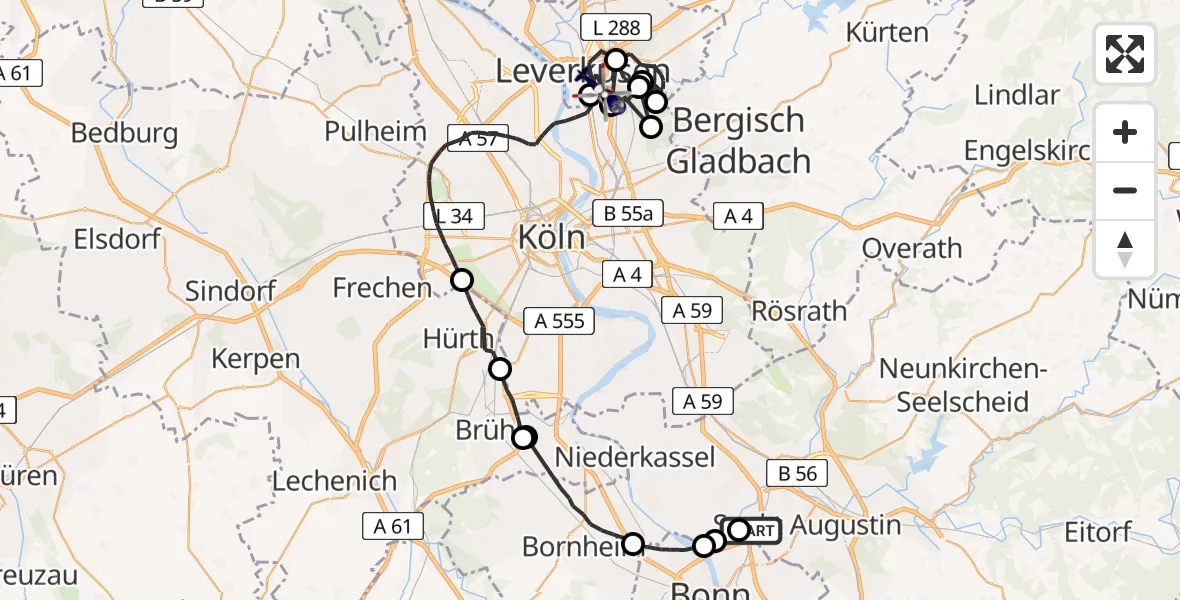 Flugroute Polizeihubschrauber Sankt Augustin - Leverkusen, 22 Juni 2026, 07:46