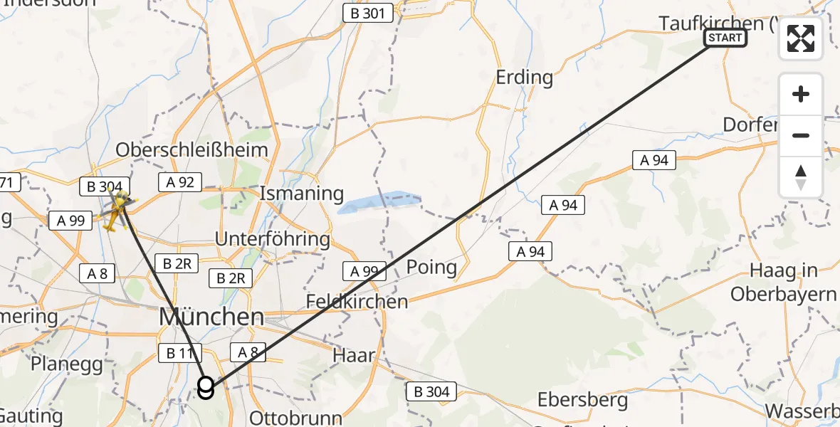 Flugroute Rettungshubschrauber Taufkirchen (Vils) - München, 22 Juni 2026, 07:52