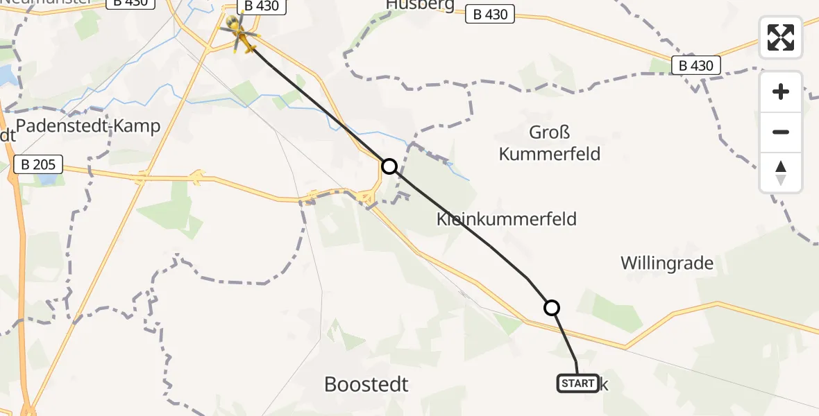 Flugroute Ambulanzhubschrauber Latendorf - Neumünster, 22 Juni 2026, 07:52