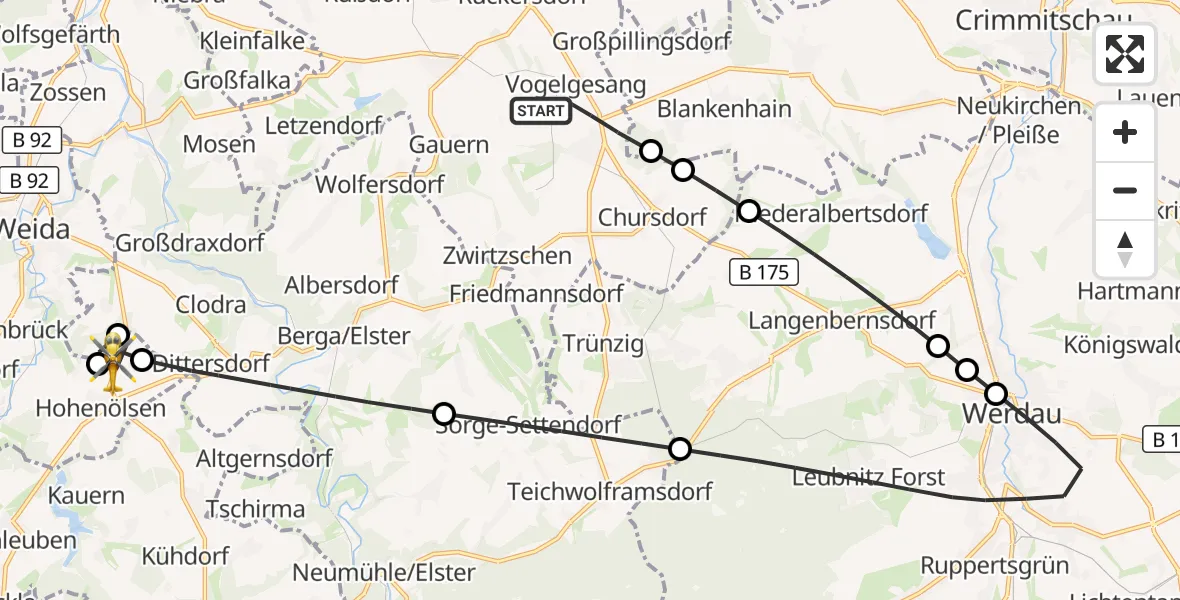 Flugroute Rettungshubschrauber Braunichswalde - Weida, 22 Juni 2026, 07:55