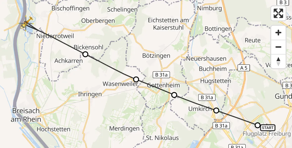 Flugroute Ambulanzhubschrauber Freiburg im Breisgau Flugplatz - Vogtsburg im Kaiserstuhl, 22 Juni 2026, 08:01