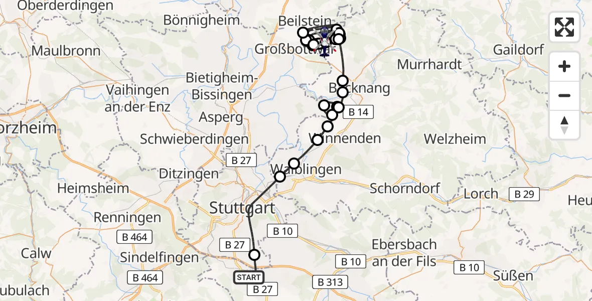 Flugroute Polizeihubschrauber Flughafen Stuttgart - Völkleshofen-Lichtenberg Flugplatz, 22 Juni 2026, 08:03