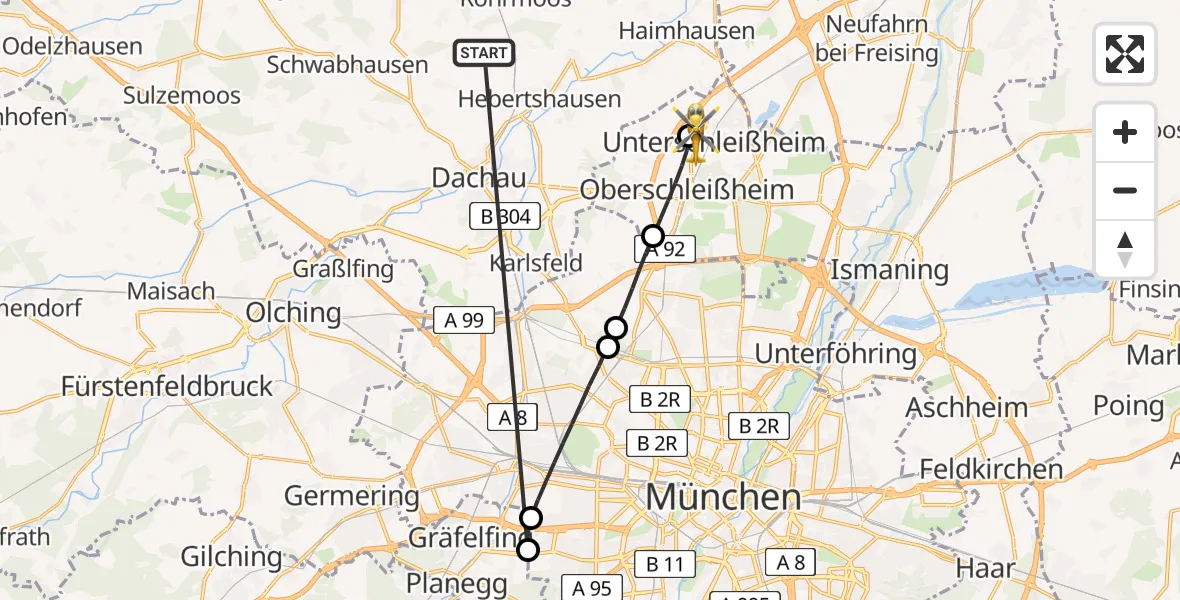 Flugroute Rettungshubschrauber Röhrmoos - Unterschleißheim, 22 Juni 2026, 08:03