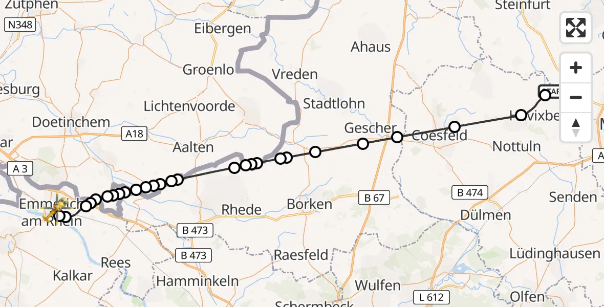 Flugroute Ambulanzhubschrauber Altenberge - Emmerich am Rhein, 22 Juni 2026, 08:04