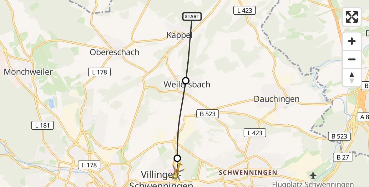 Flugroute Ambulanzhubschrauber Niedereschach - DRF Air Rescue Station Villingen-Schwenningen Hubschrauberlandeplatz (Christoph 11), 22 Juni 2026, 08:04