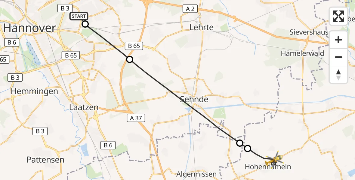 Flugroute Rettungshubschrauber Hannover Luftrettung Hubschrauberlandeplatz (Christoph 4) - Hohenhameln, 22 Juni 2026, 08:06