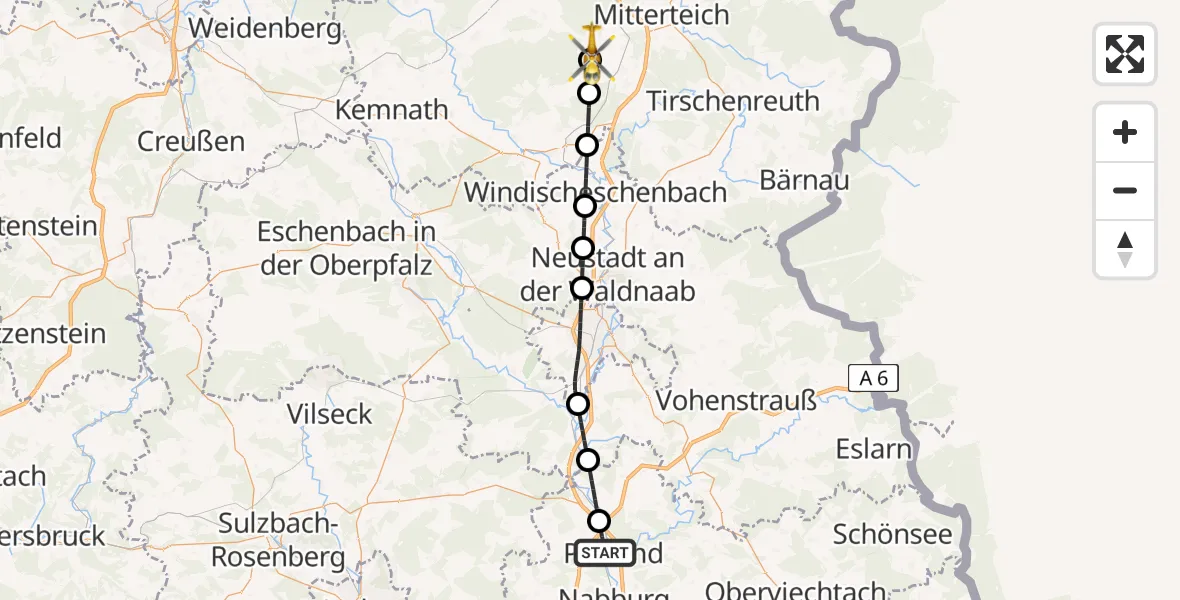 Flugroute Rettungshubschrauber Pfreimd - Fuchsmühl, 22 Juni 2026, 08:07