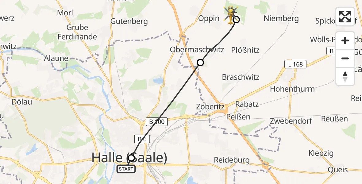 Flugroute Rettungshubschrauber Sankt Elisabeth and Sankt Barbara Hospital Halle (Saale) - Halle-Oppin Flugplatz, 22 Juni 2026, 08:12