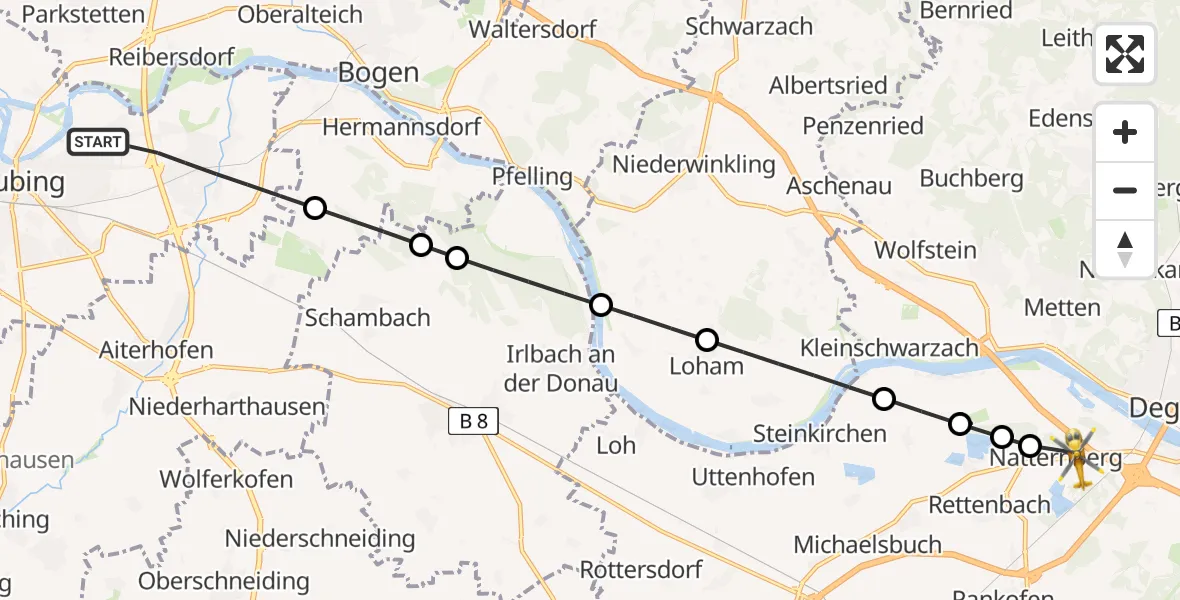 Flugroute Rettungshubschrauber Straubing - Deggendorf, 22 Juni 2026, 08:14