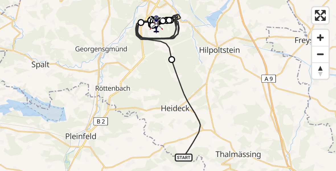 Flugroute Polizeihubschrauber Heideck - Flugplatz Roth, 22 Juni 2026, 08:15