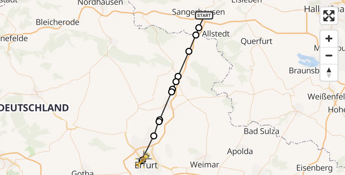 Flugroute Rettungshubschrauber Sangerhausen - Helios Clinic Erfurt, 22 Juni 2026, 08:16