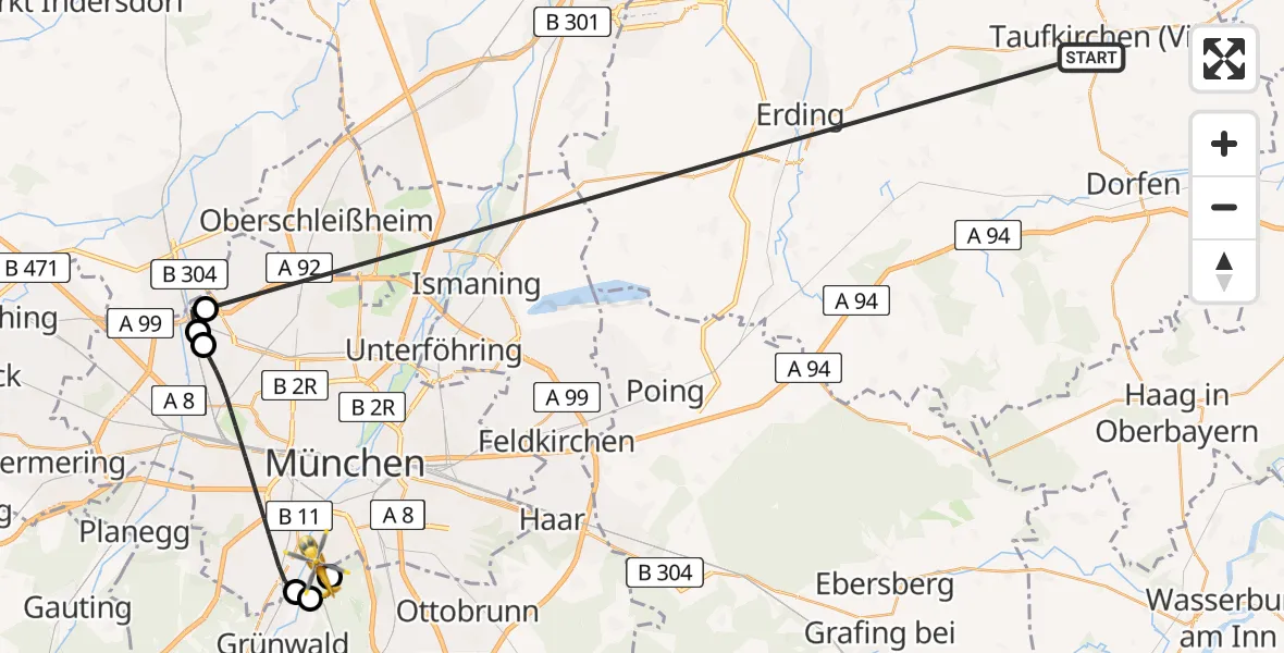 Flugroute Rettungshubschrauber Taufkirchen (Vils) - ADAC Air Rescue Center Hubschrauberlandeplatz (Christoph 1), 22 Juni 2026, 08:20