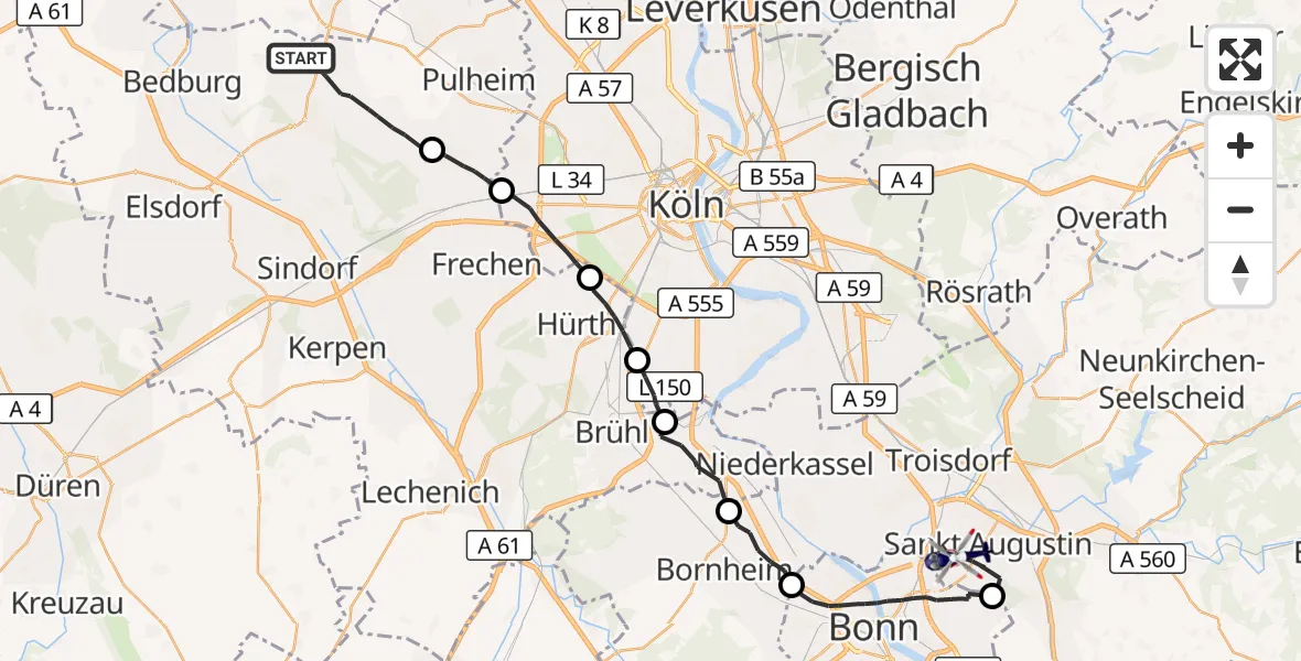 Flugroute Polizeihubschrauber Bergheim - Bonn-Hangelar Flugplatz, 22 Juni 2026, 08:21