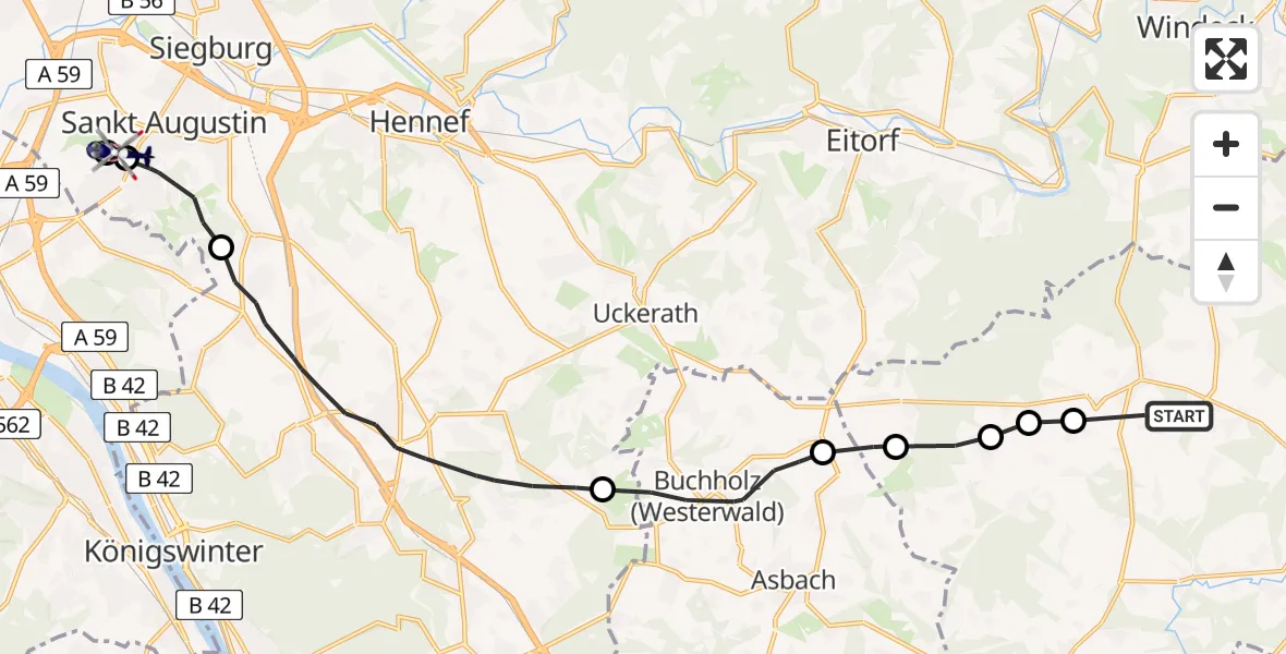 Flugroute Polizeihubschrauber Weyerbusch - Sankt Augustin, 22 Juni 2026, 08:22