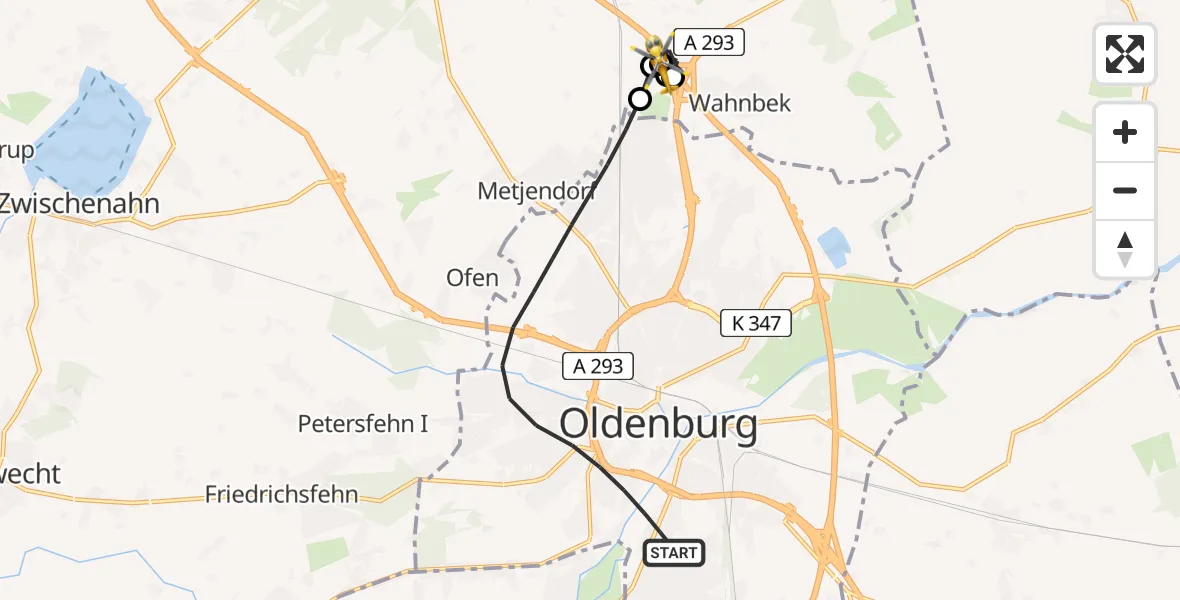 Flugroute Ambulanzhubschrauber Oldenburg (Oldb) - Oldenburg Police Hubschrauberlandeplatz, 22 Juni 2026, 08:23